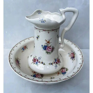Vintage Ironstone Pitcher and Large Basin Bowl White Pink Flower